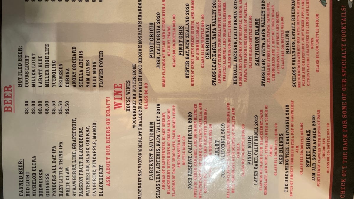 Beer and wine list