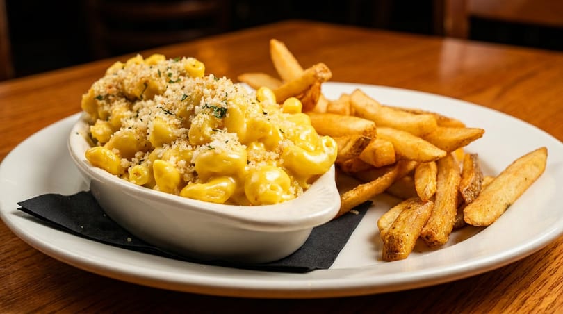 Creamy mac and cheese topped with breadcrumbs and herbs, served with a side of golden french fries.